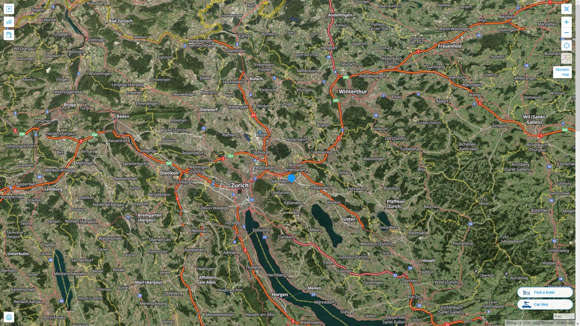 Dübendorf Suisse Autoroute et carte routiere avec vue satellite